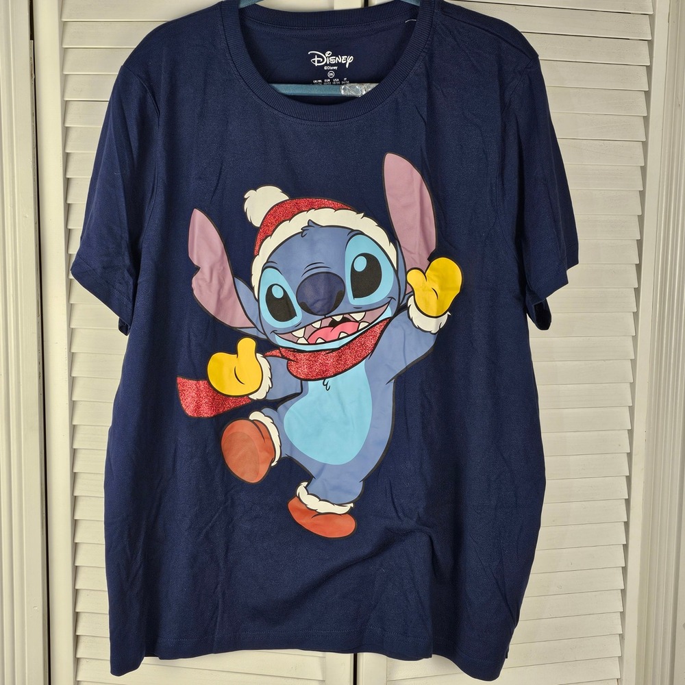 Disney Womens Navy Blue Stitch‎ Christmas Short Sleeve Tshirt 2XL